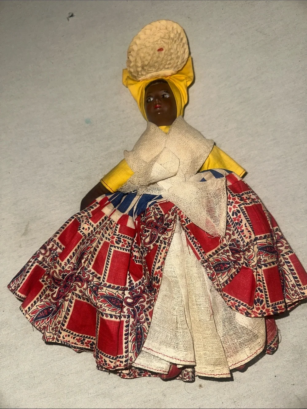 Vintage Collectible Handmade Yellow Headwrap & Red Patterned Doll